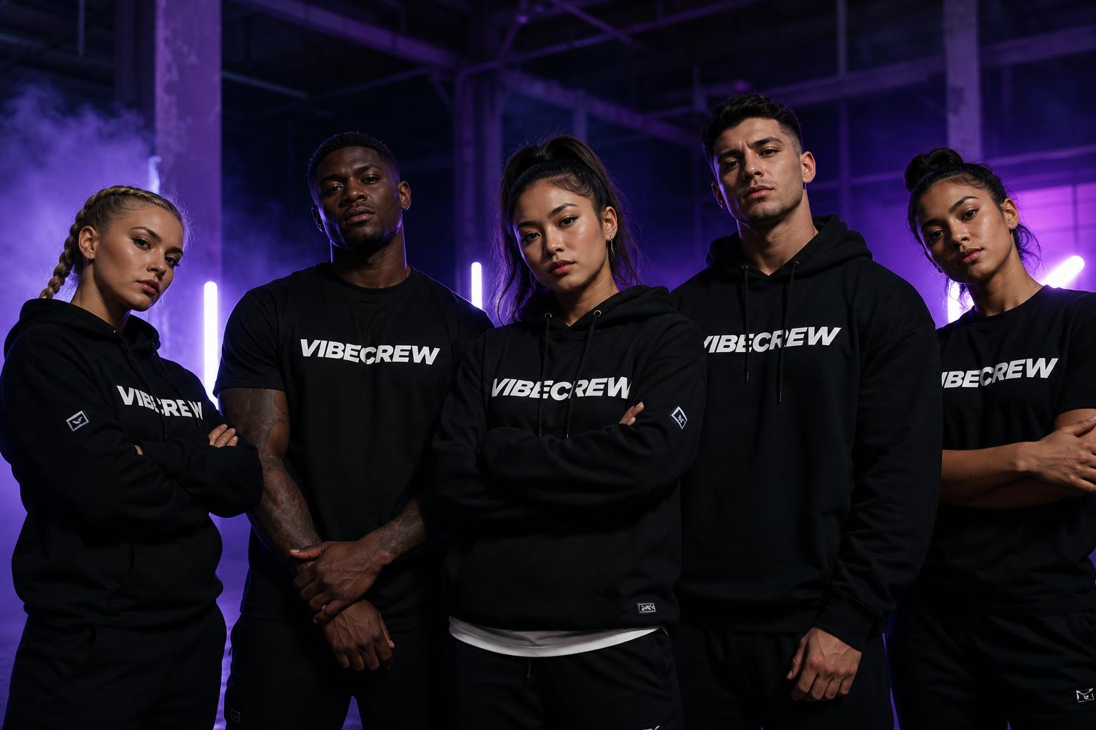 VibeCrew team in branded hoodies in a purple-lit warehouse