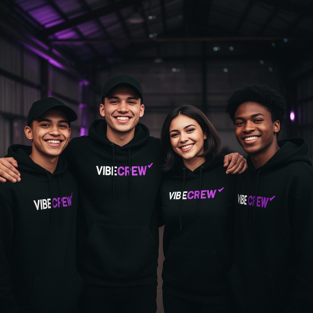 Confident young VibeCrew worker in a purple-lit warehouse